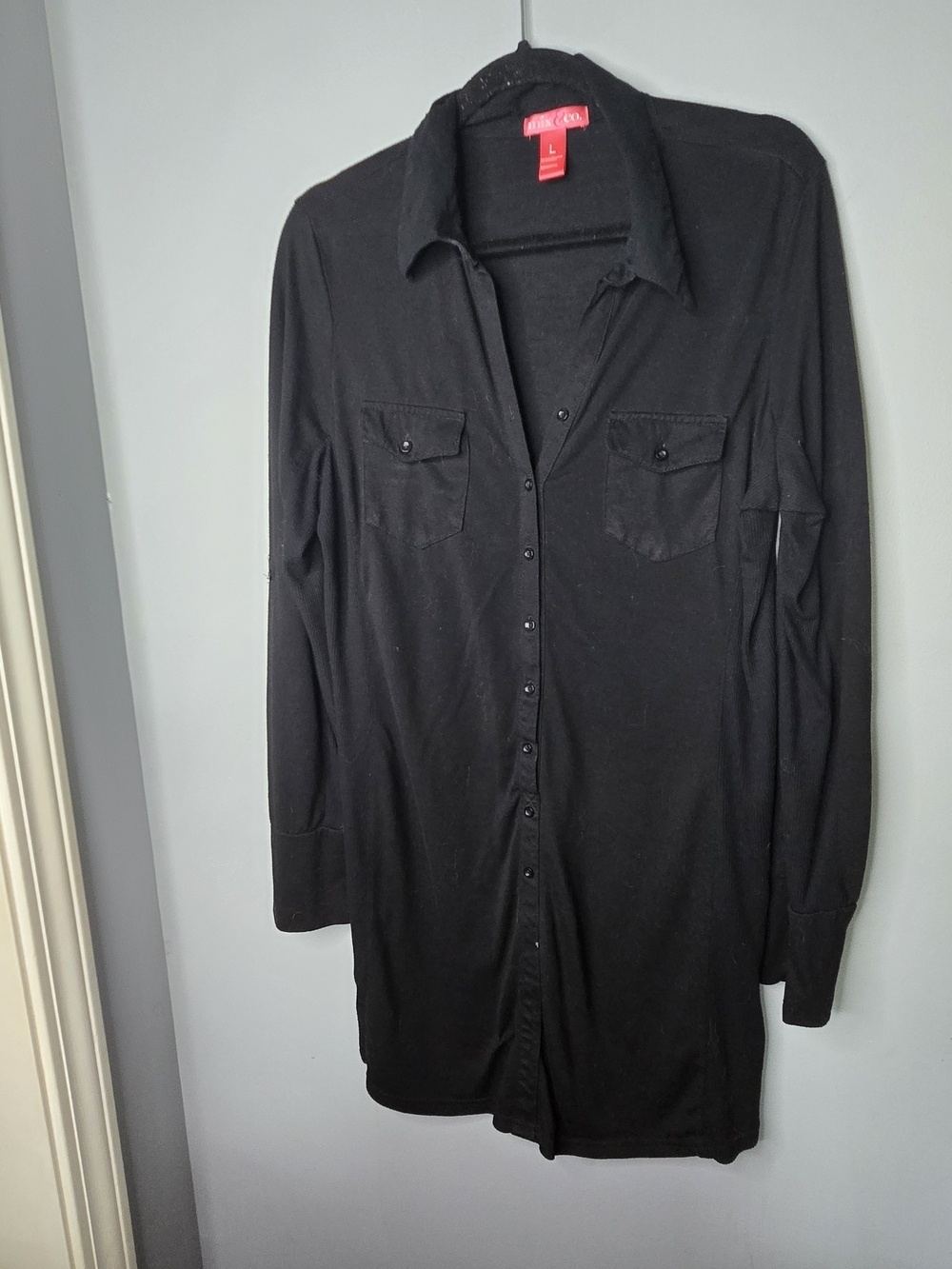 Black Button-Front Shirt Dress Tunic Cover-Up Size Large Lightweight